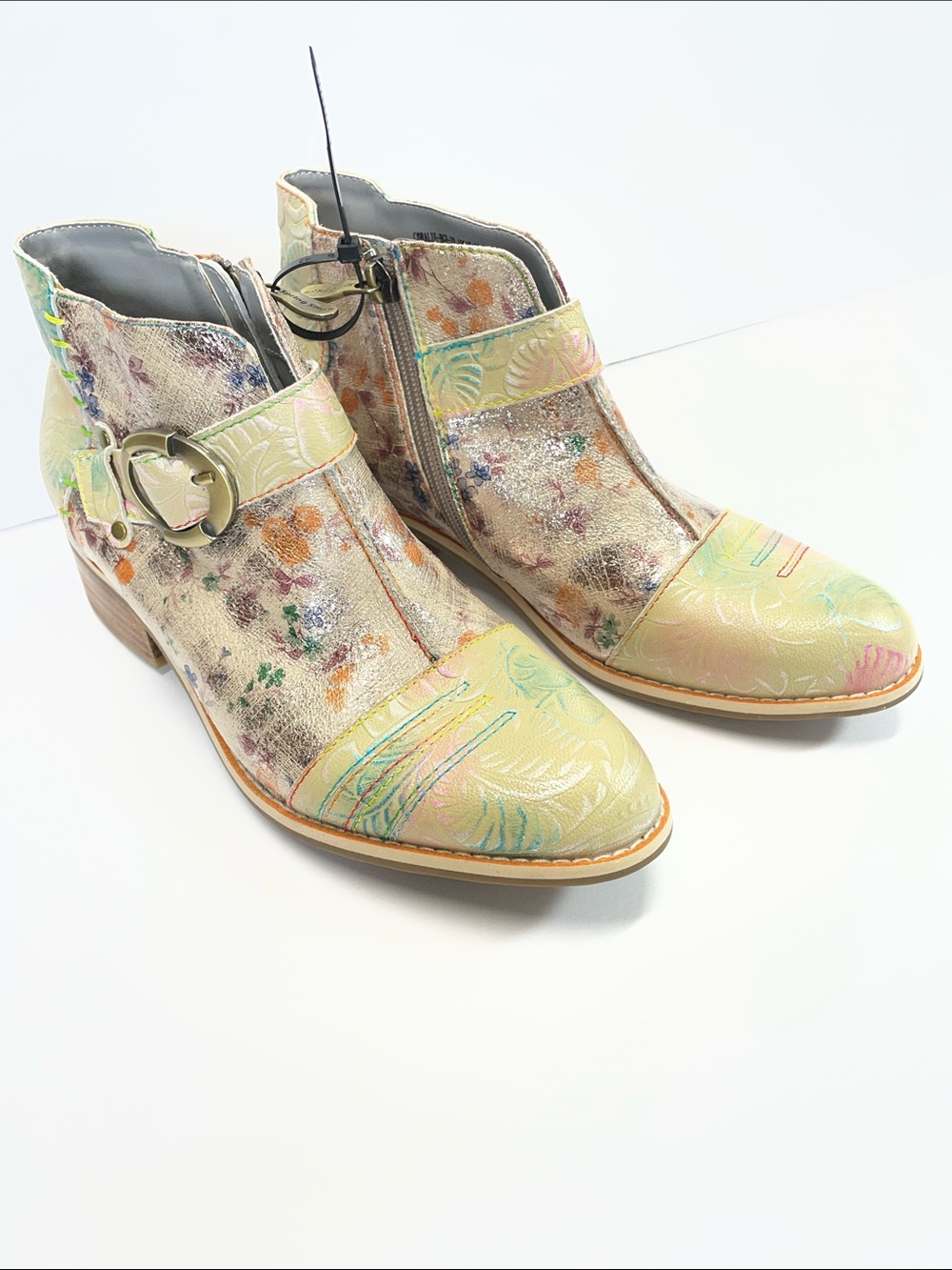 L'ATISTE spring step Floral Embossed Ankle Booties , Mint and Pastel Yellow